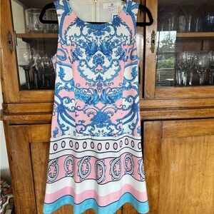 Jean Pierre Klifa Bridgit Pink & Blue Baroque-Print Mini Dress size small  $125
